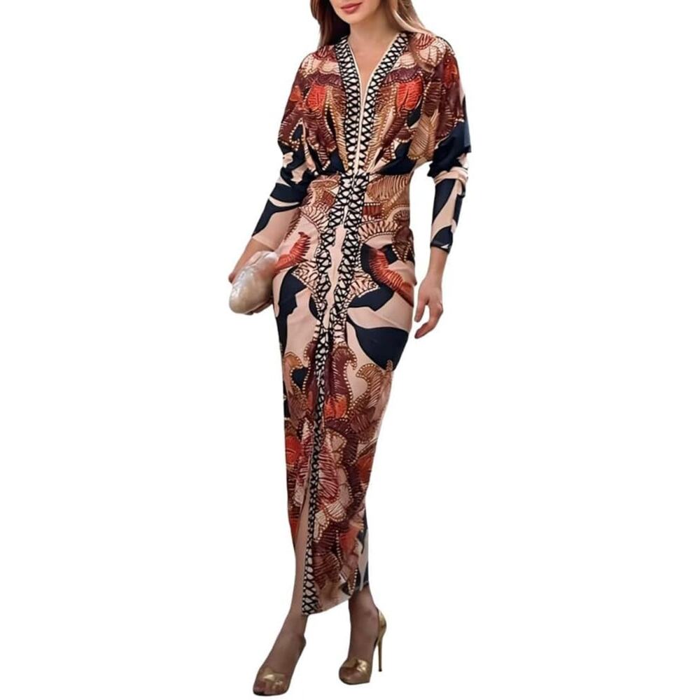NEW CHICME Deep Plunge V Neck Bodycon Dress Size L Ruched Side Slit Midi Fall